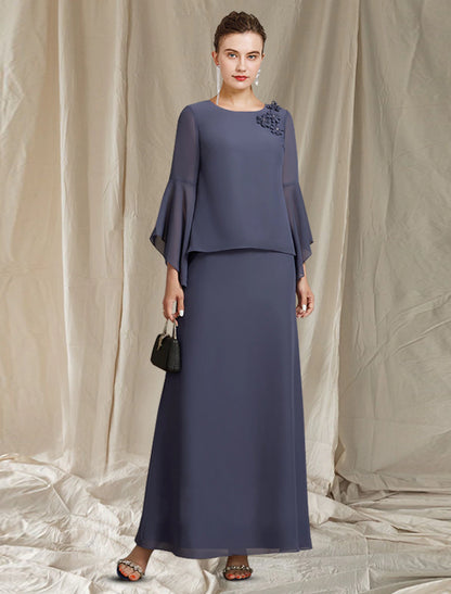 Weitese A-Line Mother of the Bride Dress Plus Size Elegant Jewel Neck Ankle Length Chiffon Long Sleeve with Flower