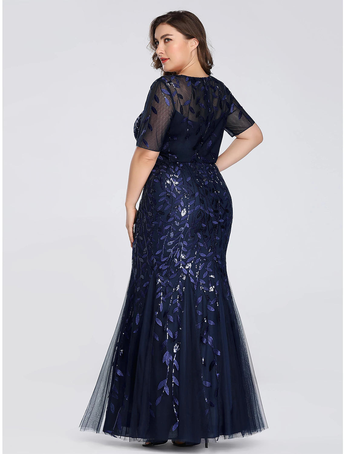 Weitese Mermaid / Trumpet Evening Gown Plus Size Dress Formal Evening Floor Length Short Sleeve Jewel Neck Fall Wedding Guest Tulle Ladder Back with Sequin Appliques