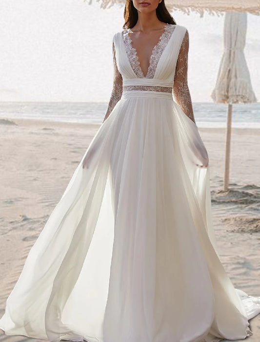 Beach Open Back Boho Wedding Dresses A-Line V Neck Sleeveless Floor Length Chiffon Bridal Gowns