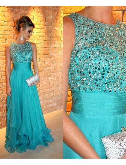 A-Line Evening Gown Elegant Dress Formal Wedding Guest Sweep / Brush Train Sleeveless Jewel Neck Chiffon