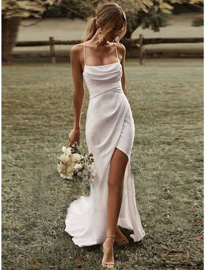 Beach Simple Simple Wedding Dresses Sheath / Column Square Camisole Spaghetti Strap Sweep / Brush Train Stretch Fabric Bridal Gowns