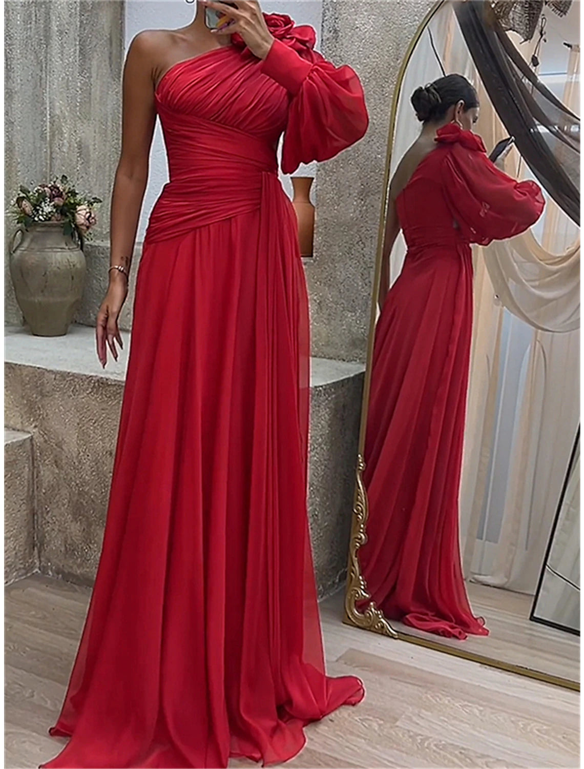 Weitese Women's Prom Dress Party Dress Wedding Guest Dress Long Dress Maxi Dress Red Long Sleeve Pure Color Ruched Spring Fall Winter One Shoulder Red Valentines Dress Valentine's Day Wedding Guest Evening