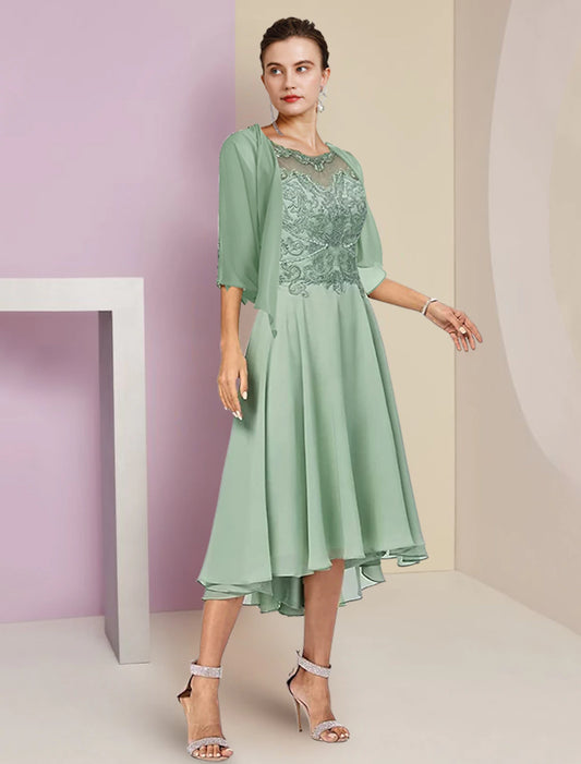 Weitese  Two Piece A-Line Mother of the Bride Dress Formal Wedding Guest Elegant High Low Scoop Neck Asymmetrical Tea Length Chiffon Lace Half Sleeve Wrap Included with Beading Appliques