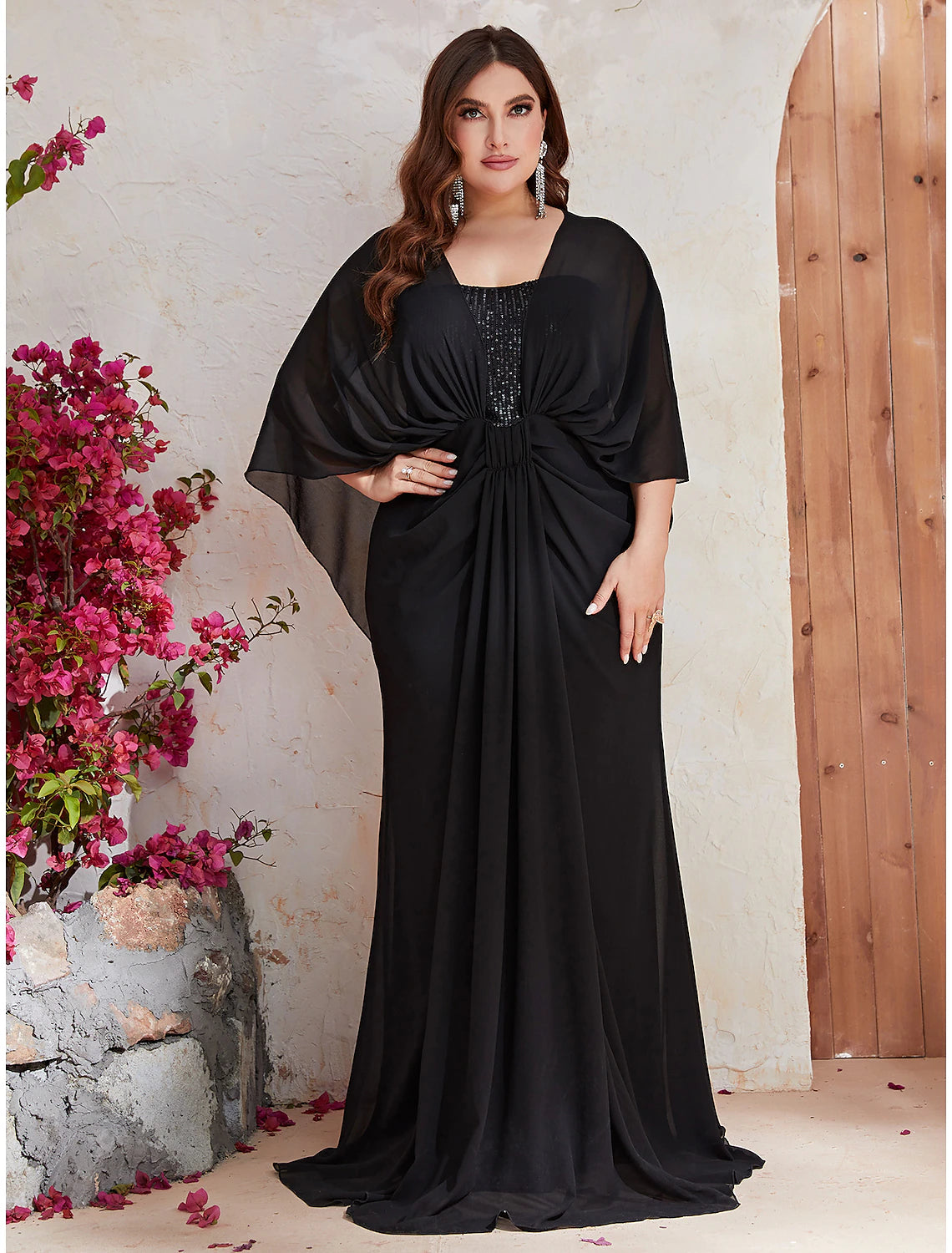 Weitese Mermaid / Trumpet Wedding Guest Dresses Plus Size Dress Formal Evening Party Dress Sweep / Brush Train Long Sleeve V Neck Polyester with Sequin Shawl