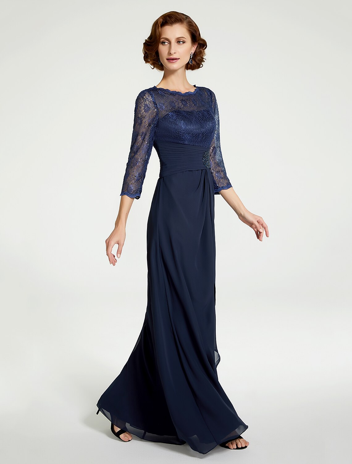 Weitese A-Line Mother of the Bride Dress Jewel Neck Floor Length Chiffon Lace 3/4 Length Sleeve with Lace Ruching