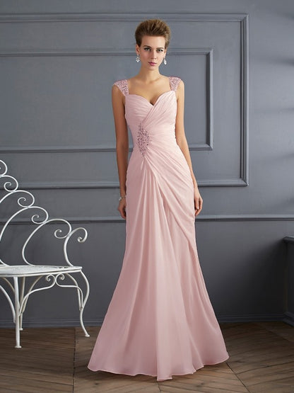 Weitese Sheath/Column Straps Sleeveless Beading Long Chiffon Dresses