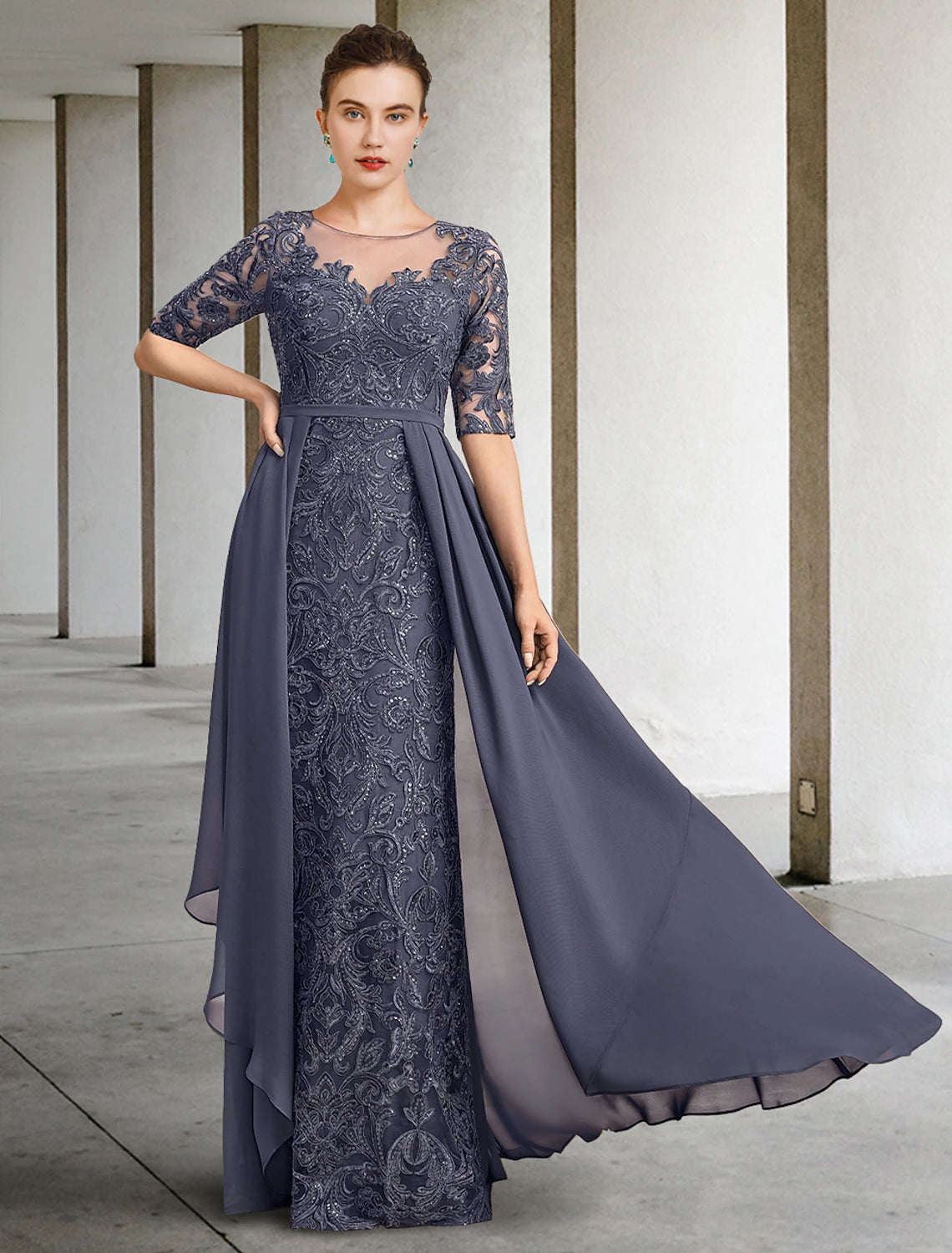 Weitese A-Line Mother of the Bride Dress Formal Wedding Guest Elegant Scoop Neck Floor Length Chiffon Lace Half Sleeve with Bow(s) Sequin