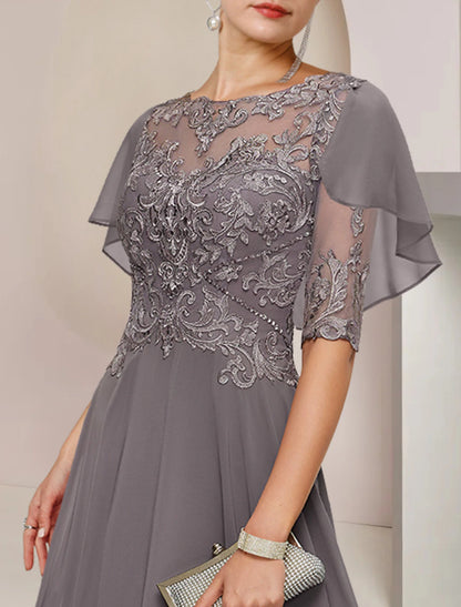 Weitese A-Line Mother of the Bride Dress Formal Fall Wedding Guest Elegant Scoop Neck Asymmetrical Tea Length Chiffon Lace Half Sleeve with Beading Appliques