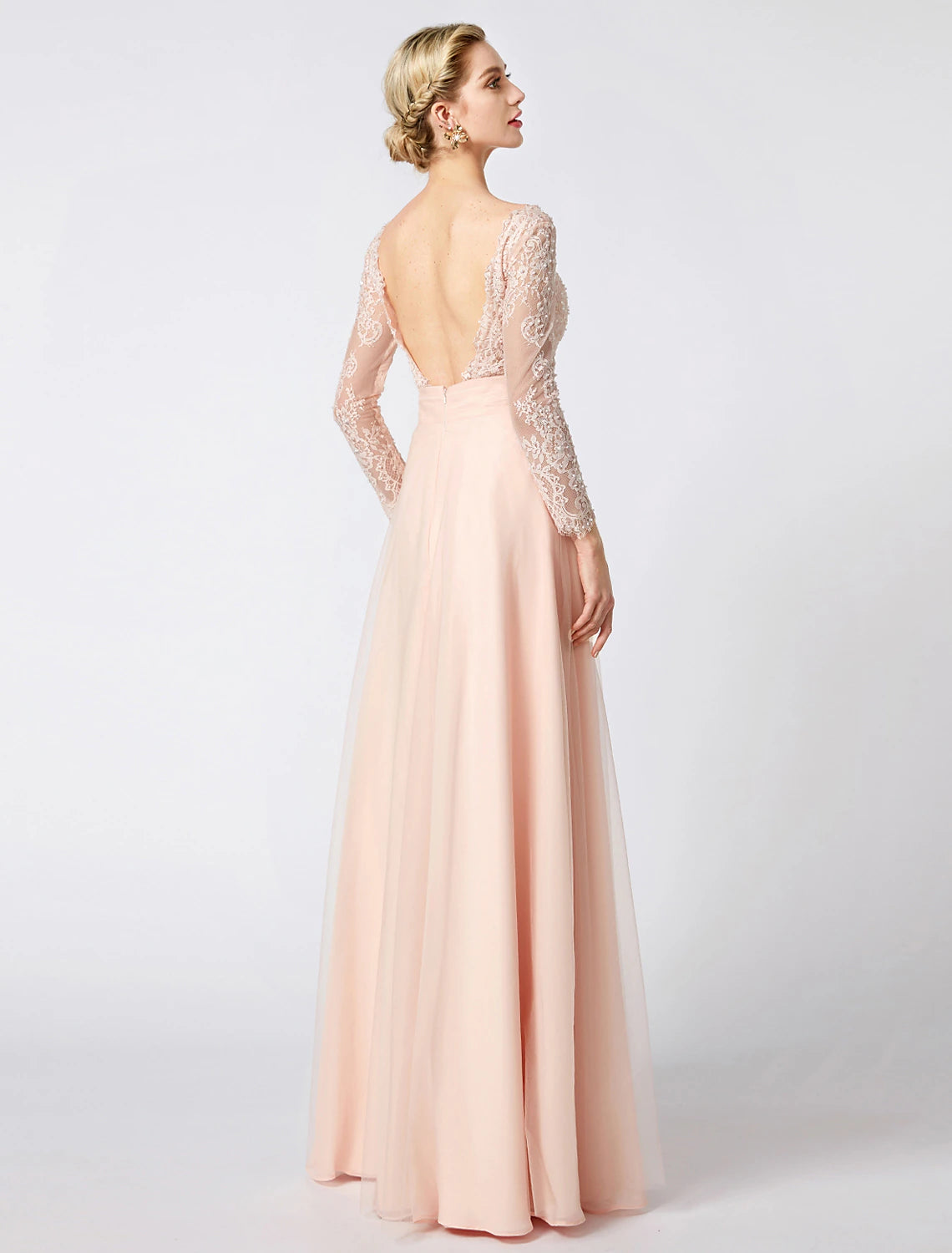 Weitese Ball Gown Pastel Colors Dress Holiday Cocktail Party Floor Length Long Sleeve V Neck Tulle Low Back with Beading Appliques