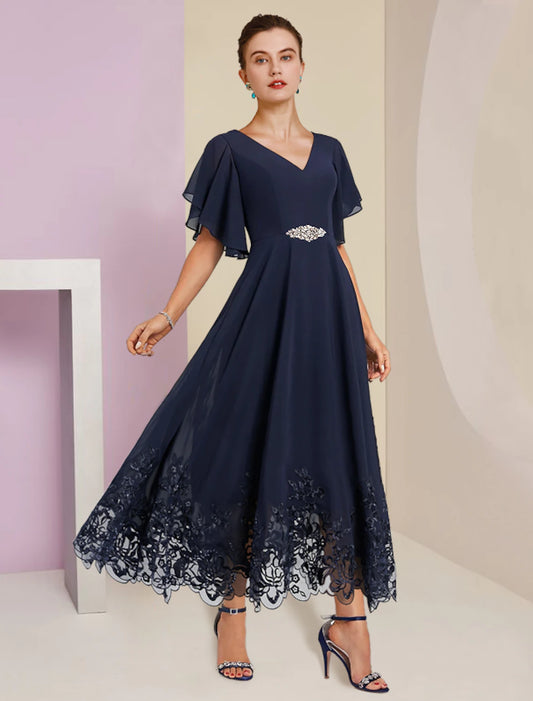 Weitese A-Line Mother of the Bride Dress Formal Fall Wedding Guest Elegant V Neck Tea Length Chiffon Lace Short Sleeve with Appliques Crystal Brooch