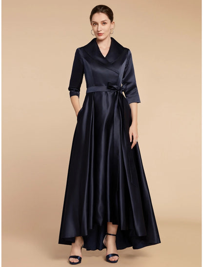 Weitese A-Line Mother of the Bride Dress Wedding Guest Elegant V Neck Ankle Length Satin Half Sleeve with Sash / Ribbon Ruching Solid Color