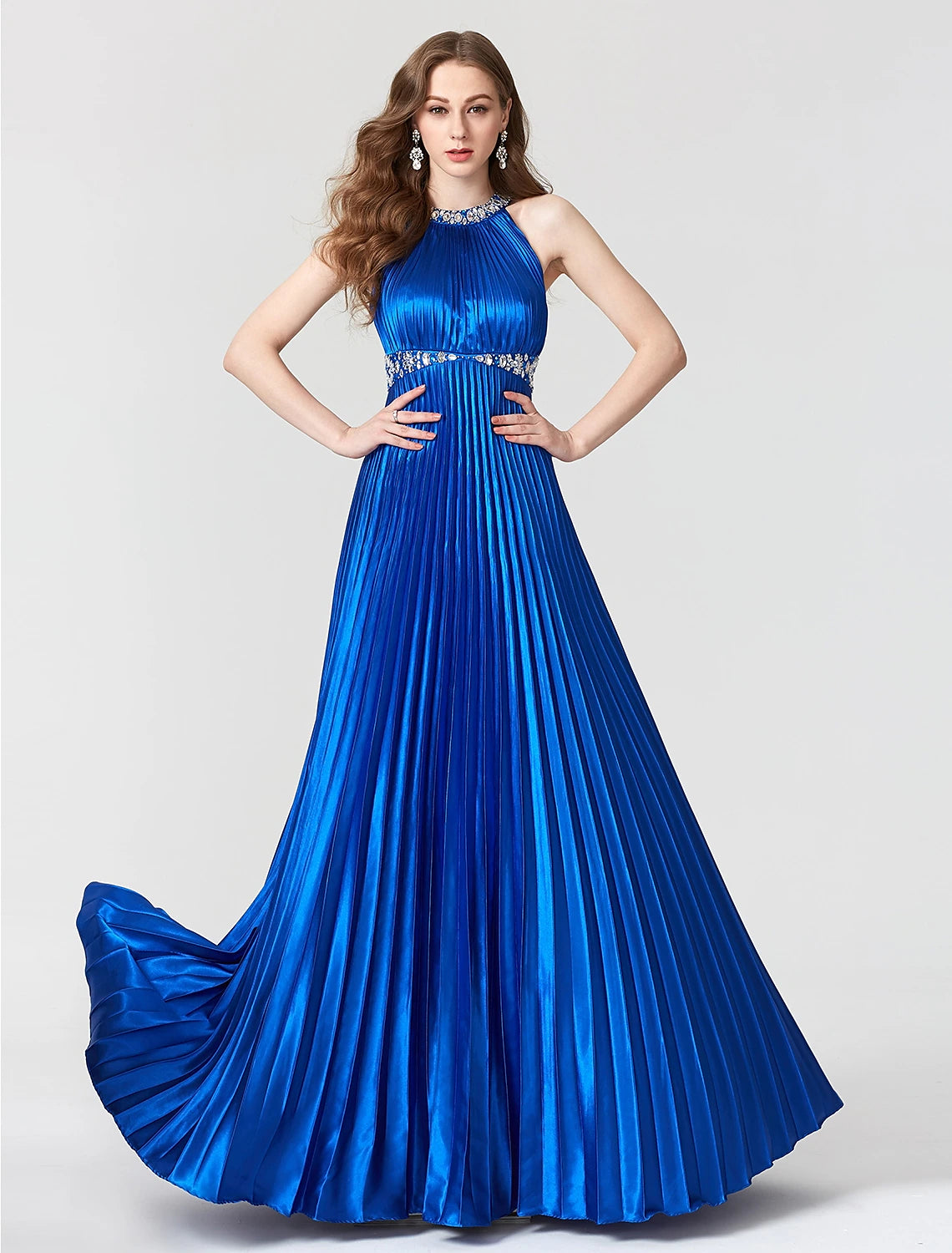 Weitese A-Line Beautiful Back Dress Holiday Cocktail Party Floor Length Sleeveless Jewel Neck Satin with Pleats Beading