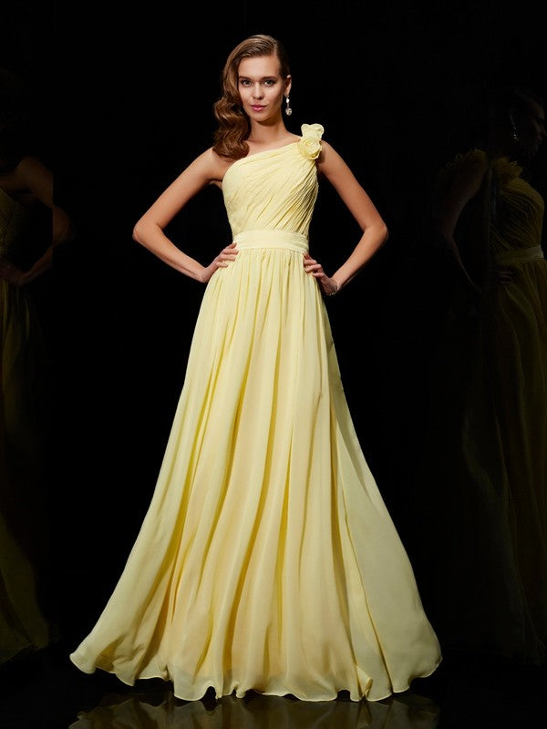 Weitese A-Line/Princess One-Shoulder Sleeveless Hand-Made Flower Long Chiffon Bridesmaid Dresses