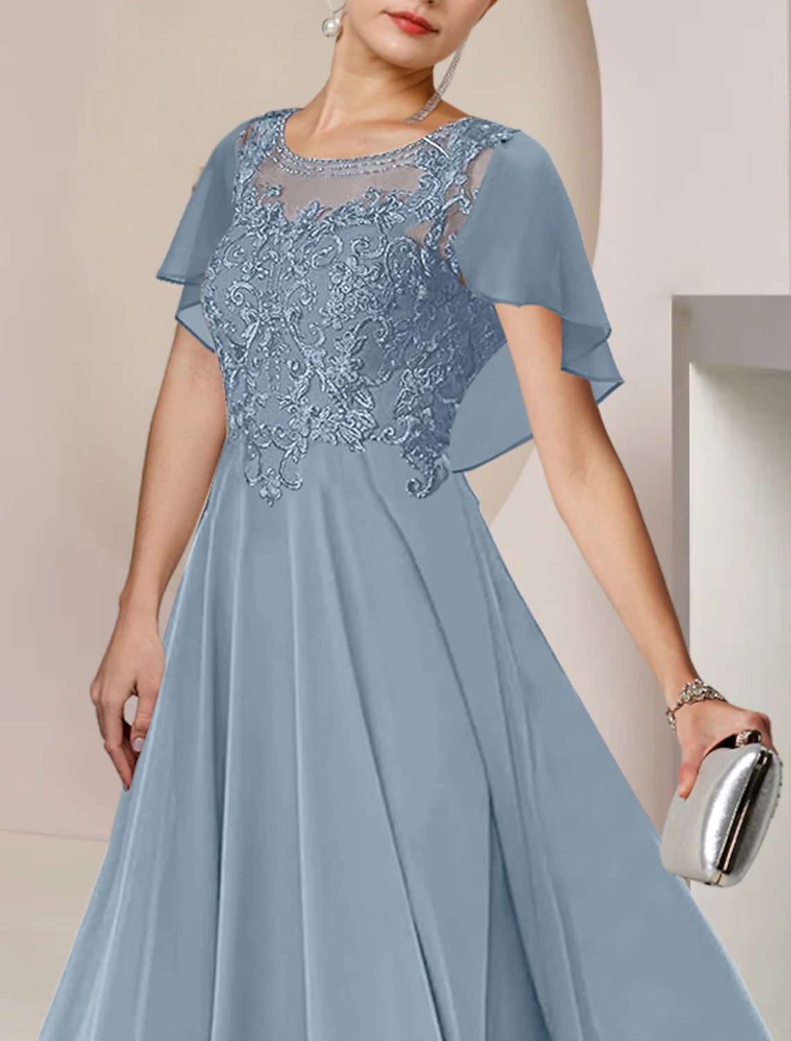 Weitese A-Line Mother of the Bride Dress Elegant Scoop Neck Tea Length Chiffon Lace Sleeveless with Beading Appliques