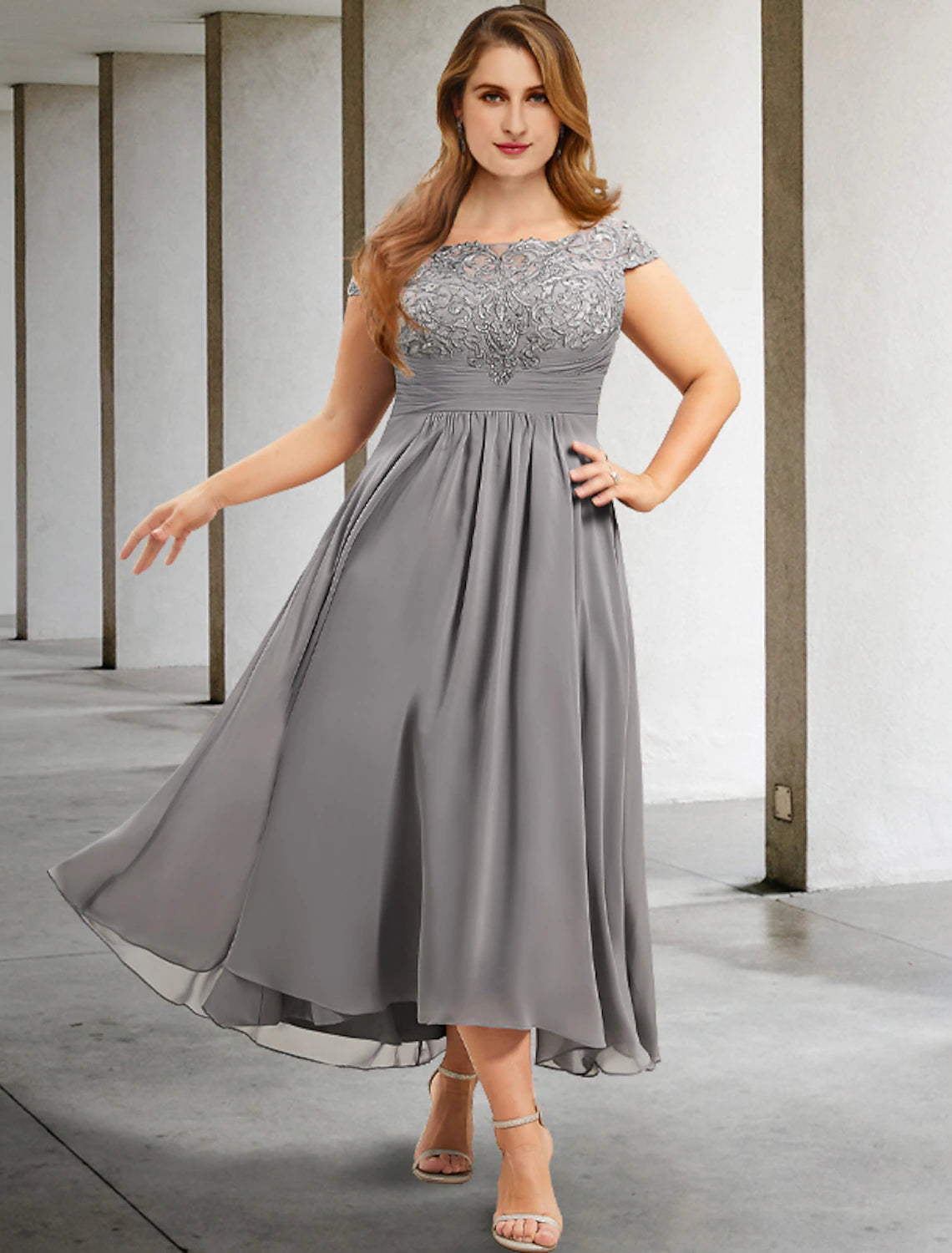 Weitese A-Line Mother of the Bride Dresses Plus Size Hide Belly Curve Elegant Dress Formal Tea Length Short Sleeve Jewel Neck Chiffon with Pleats Ruched Appliques Fall