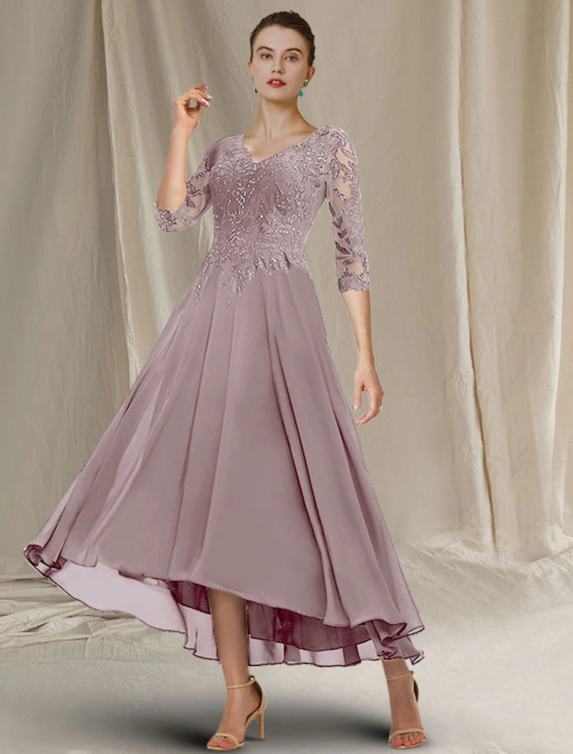 Weitese A-Line Mother of the Bride Dress Elegant Sparkle & Shine High Low V Neck Asymmetrical Tea Length Chiffon Lace Half Sleeve with Sequin Ruffles Appliques