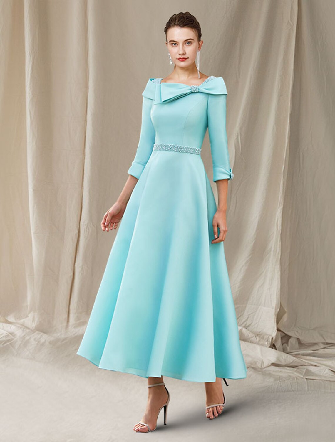 Weitese A-Line Mother of the Bride Dress Wedding Guest Luxurious Elegant Bateau Neck Ankle Length Satin 3/4 Length Sleeve with Sash / Ribbon Bow(s) Beading