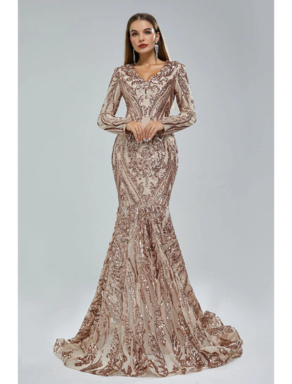 Weitese Mermaid / Trumpet Evening Gown Elegant Dress Carnival Formal Court Train Long Sleeve V Neck African American Lace with Sequin