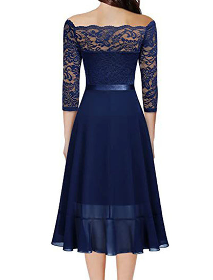 Weitese Women's Party Dress Lace Dress Wedding Guest Dress Midi Dress Pink Purple Dark Blue Half Sleeve Pure Color Lace Spring Fall Winter Crew Neck Fashion Winter Dress Wedding Guest Evening Party