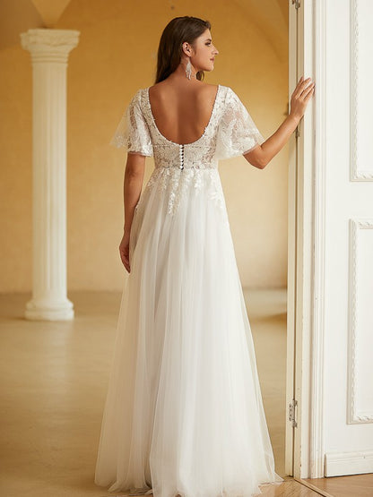 Weitese A-Line/Princess Tulle Lace V-neck Short Sleeves Floor-Length Wedding Dresses