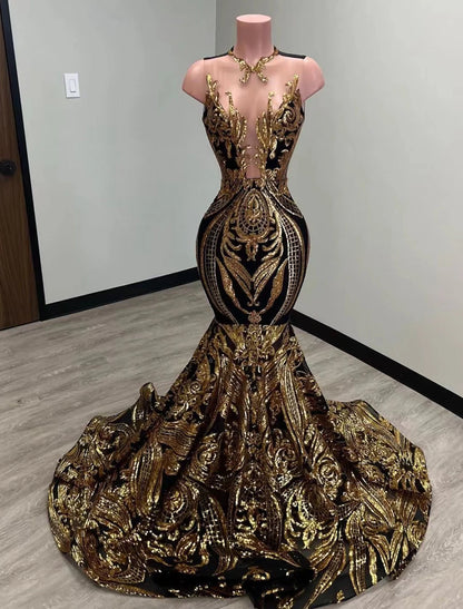 Mermaid Evening Gown Sparkle Prom Dress Carnival Formal Court Train Sleeveless Illusion Neck African American Sequined