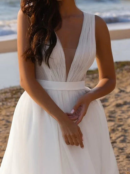 A-Line Deep V-Neck Floor-Length Tulle Wedding Dress