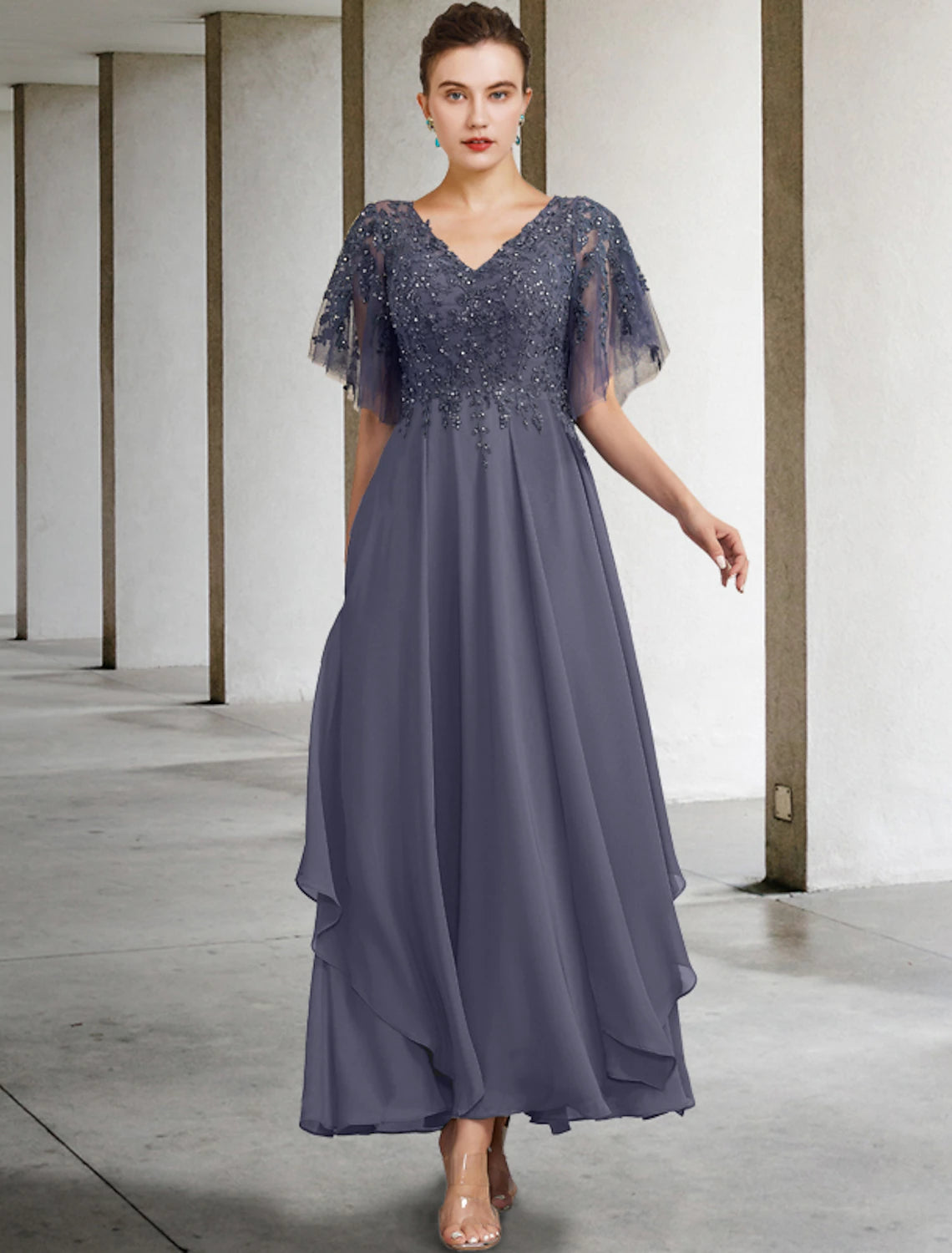 A-Line Plus Size Curve Mother of the Bride Dress Elegant Jewel Neck Ankle Length Chiffon Lace Short Sleeve