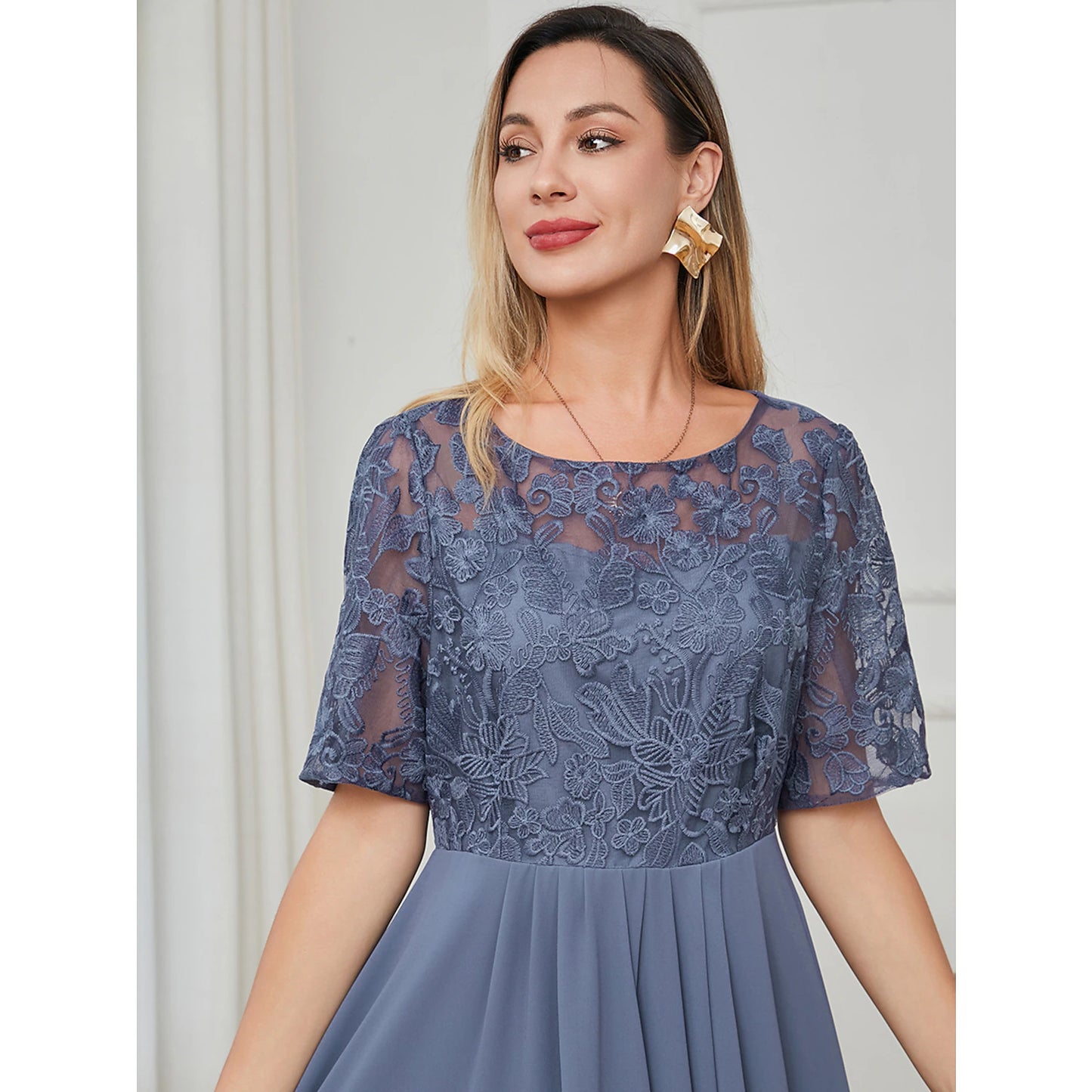 Women‘s Cocktail Party Dress Lace Dress Midi Dress Green Blue Purple Half Sleeve Floral Embroidery Lace Summer Spring Crew Neck Elegant Classic Wedding Guest