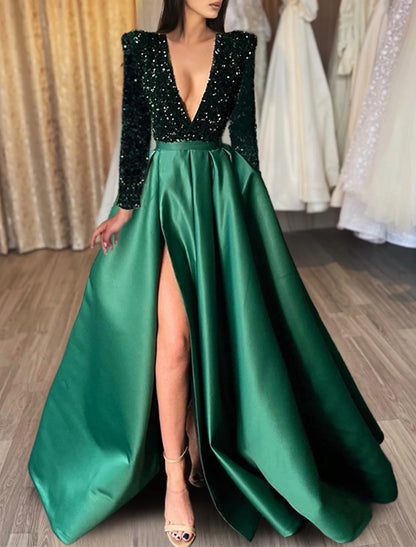 A-Line Evening Gown Red Green Dress Formal Black Dress Plus Size Wedding Court Train Half Sleeve V Neck Satin