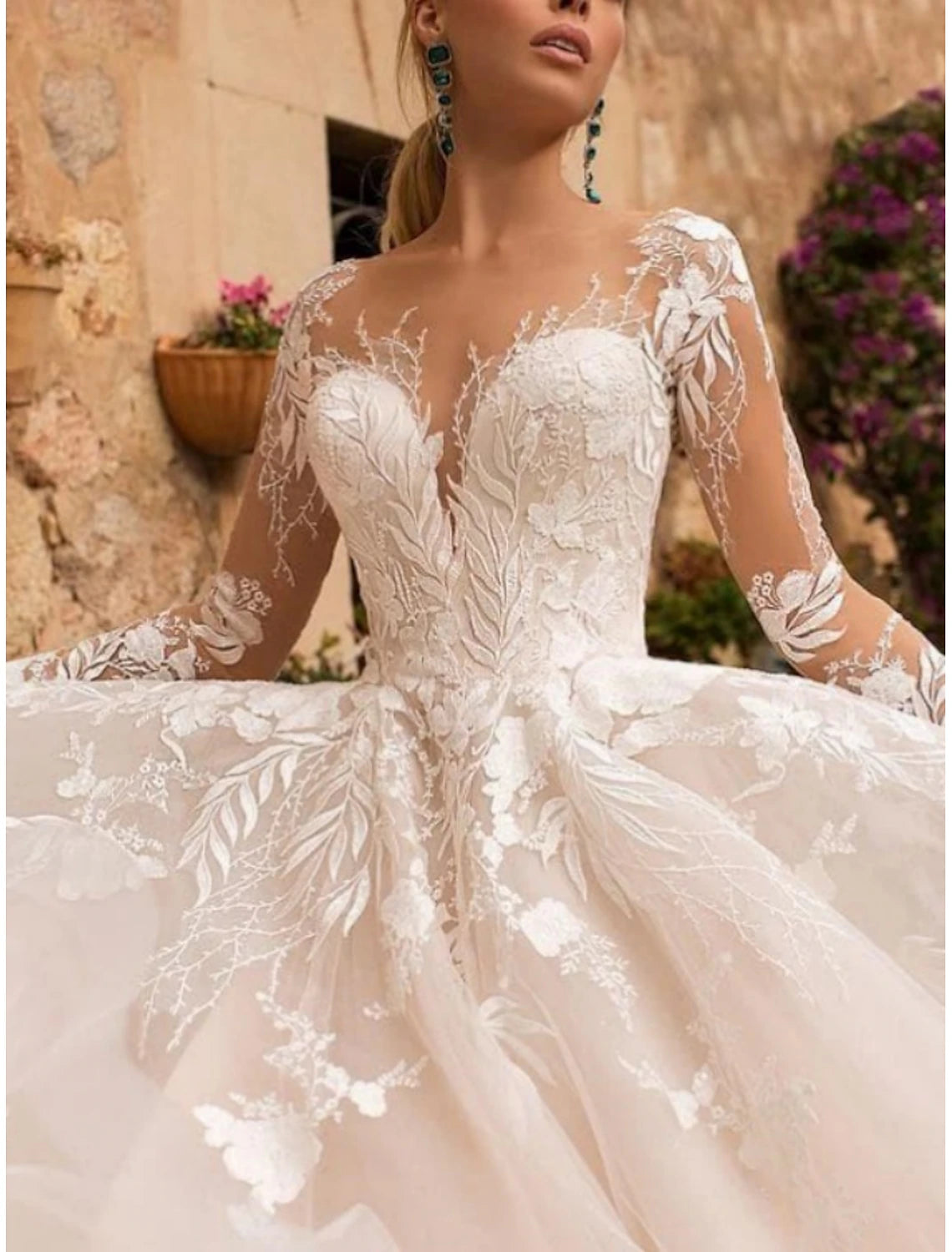 Formal Wedding Dresses A-Line V Neck Long Sleeve Court Train Tulle Bridal Gowns