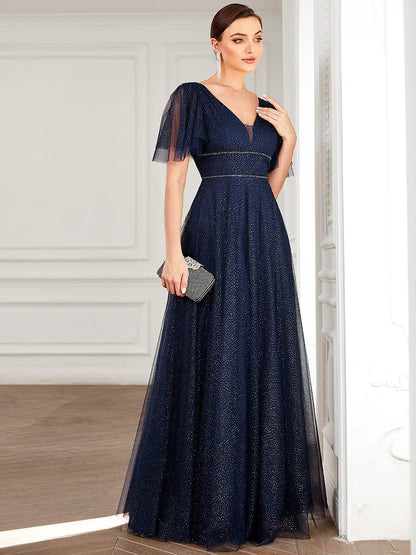 Weitese Romantic V Neck Tulle Evening Dress with Ruffle Sleeves