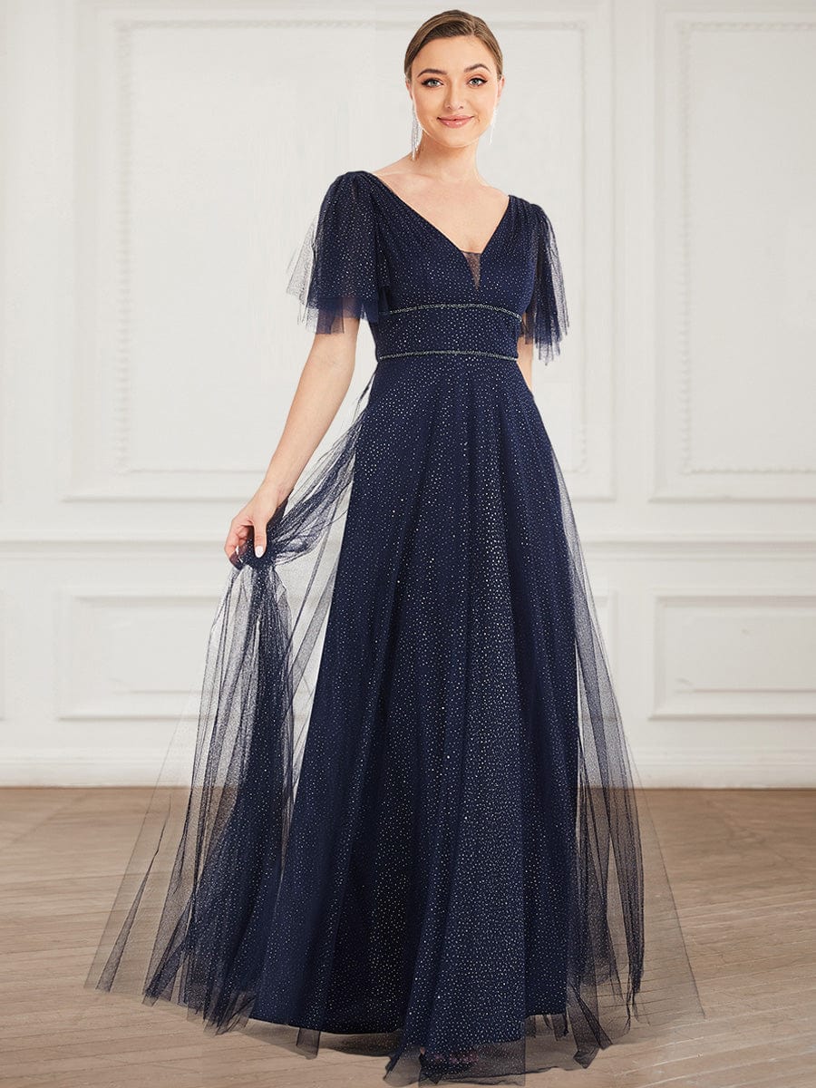 Weitese Romantic V Neck Tulle Evening Dress with Ruffle Sleeves