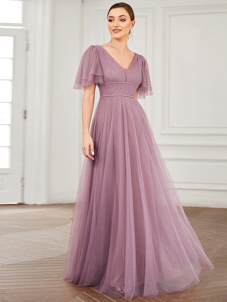 Weitese Romantic V Neck Tulle Evening Dress with Ruffle Sleeves