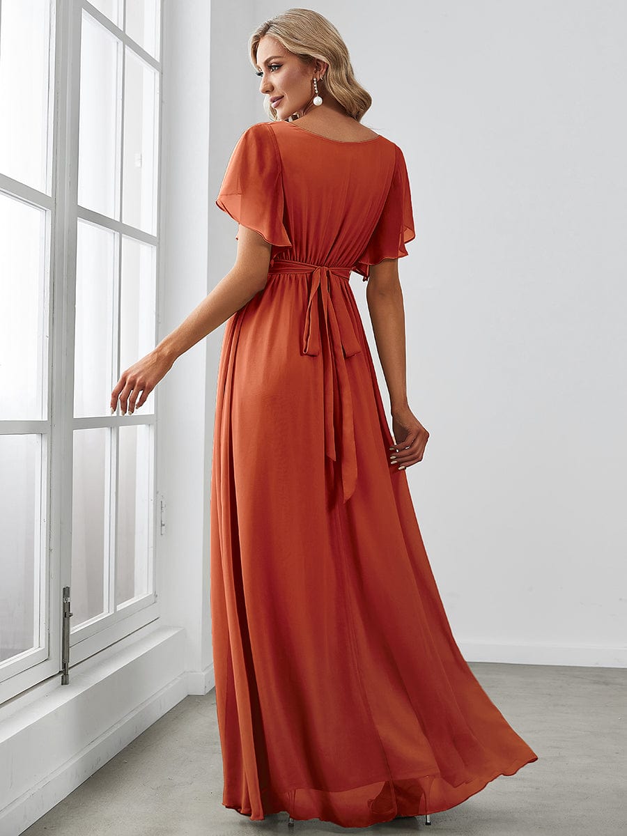 Weitese Ruffle Sleeve Tie-Waist Chiffon V-Neck Evening Dress