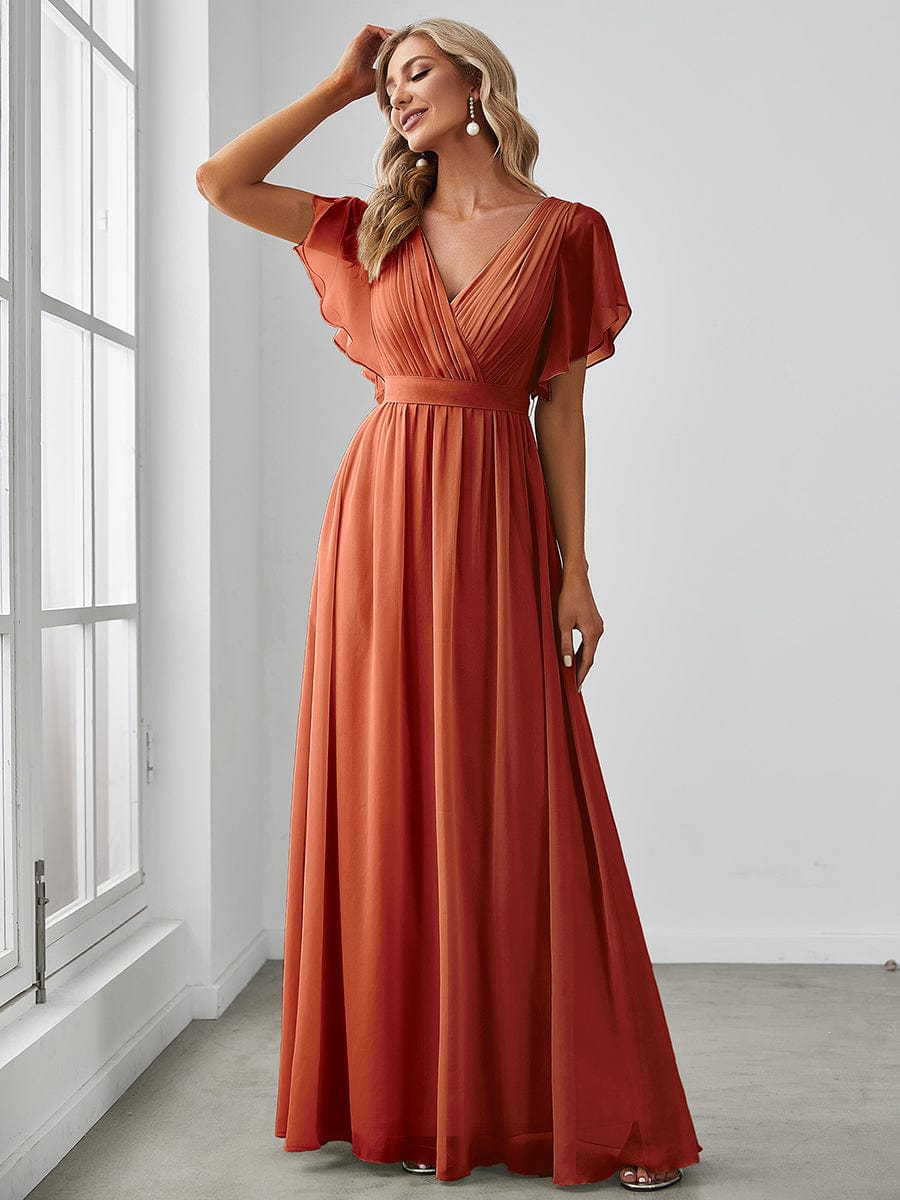 Weitese Ruffle Sleeve Tie-Waist Chiffon V-Neck Evening Dress