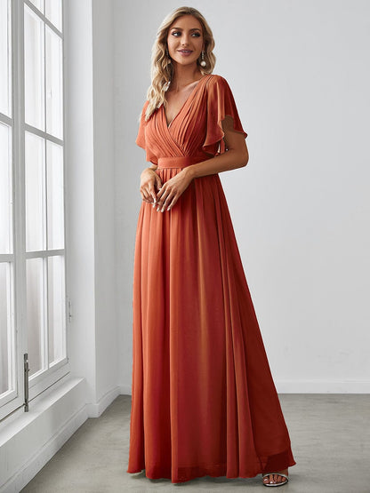 Weitese Ruffle Sleeve Tie-Waist Chiffon V-Neck Evening Dress