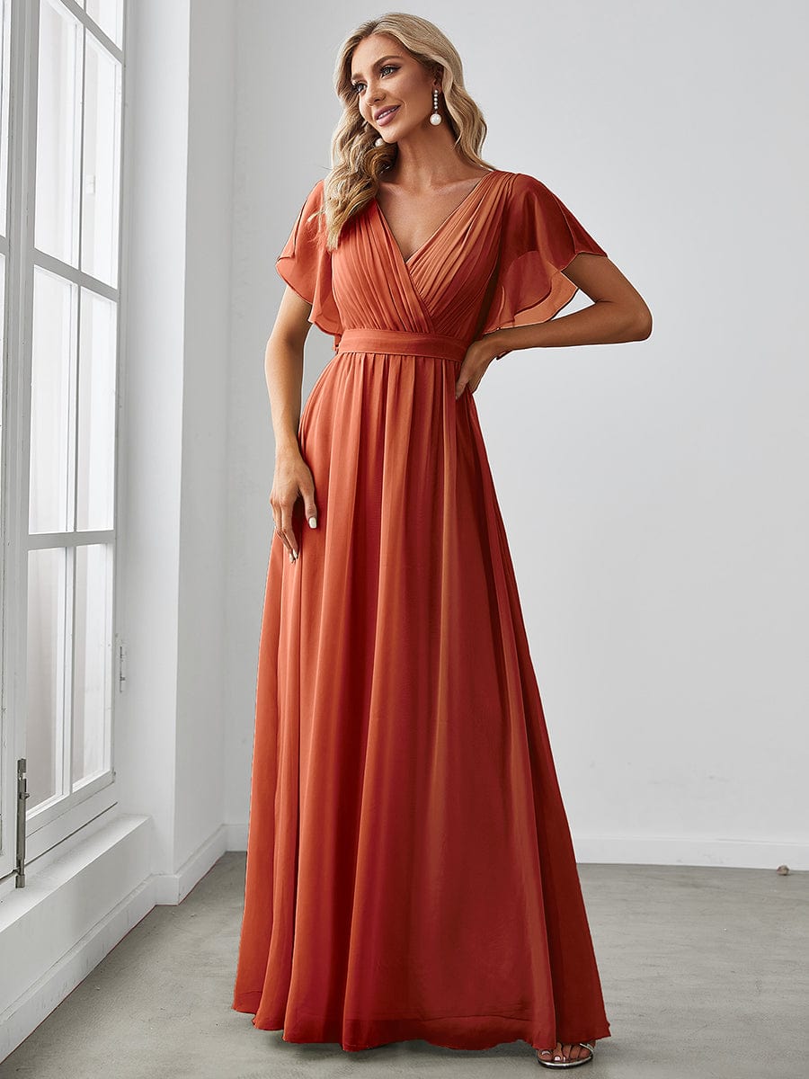 Weitese Ruffle Sleeve Tie-Waist Chiffon V-Neck Evening Dress