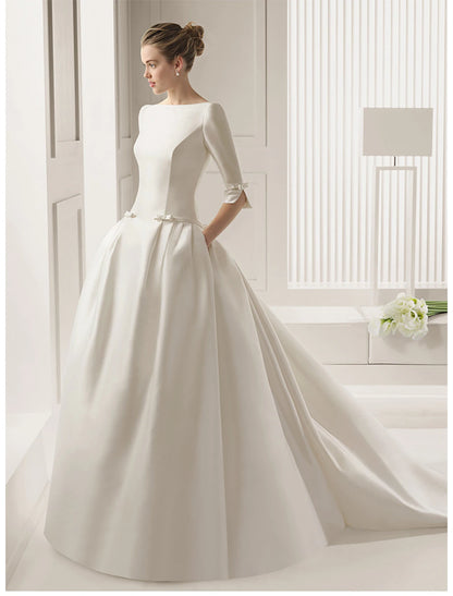 Weitese Engagement Formal Wedding Dresses A-Line Scoop Neck Half Sleeve Court Train Satin Bridal Gowns With Bow(s) Pleats