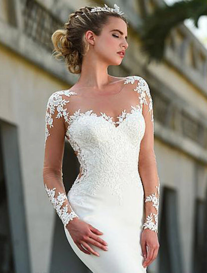 Weitese Beach Wedding Dresses A-Line High Neck Long Sleeve Court Train Chiffon Bridal Gowns