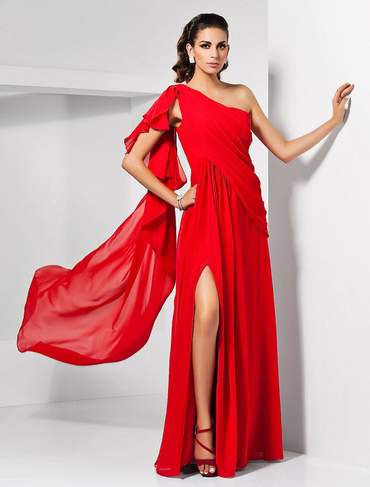 Weitese Sheath Red Green Dress Empire Wedding Guest Formal Evening Dress One Shoulder Sleeveless Floor Length Chiffon with Draping Slit