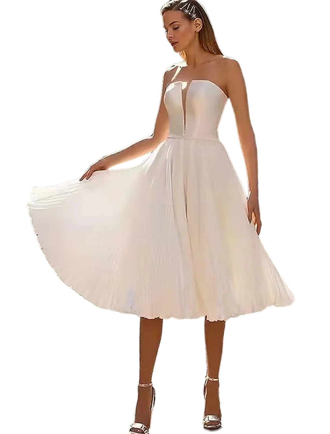 Weitese Reception Simple Wedding Dresses Wedding Dresses A-Line Off Shoulder Cap Sleeve Knee Length Tulle Bridal Gowns With Solid Color