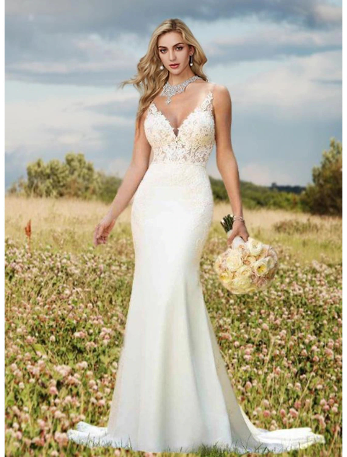 Weitese Engagement Open Back Sexy Formal Wedding Dresses Mermaid / Trumpet V Neck Sleeveless Court Train Lace Bridal Gowns With Appliques