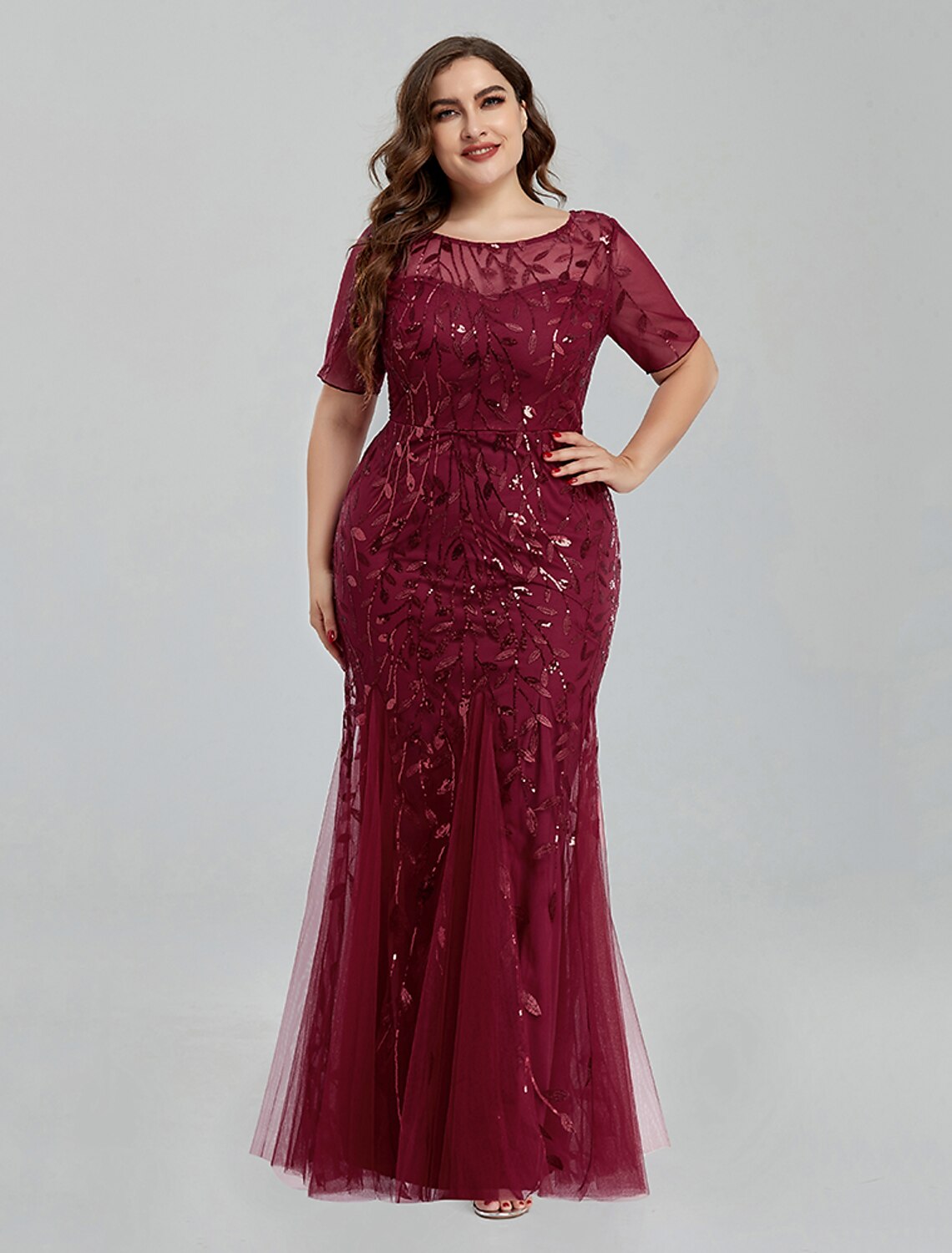 Weitese Mermaid / Trumpet Evening Gown Empire Dress Wedding Guest Formal Evening Floor Length Short Sleeve Jewel Neck Bridesmaid Dress Tulle with Embroidery