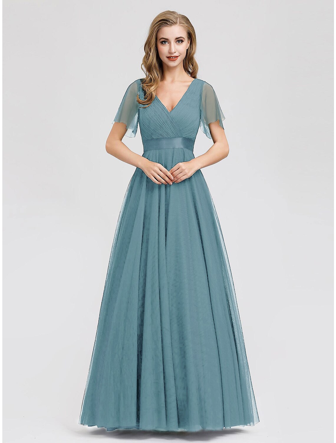 Weitese A-Line Evening Gown Empire Dress Wedding Guest Prom Floor Length Short Sleeve V Neck Bridesmaid Dress Chiffon V Back with Pleats Ruched