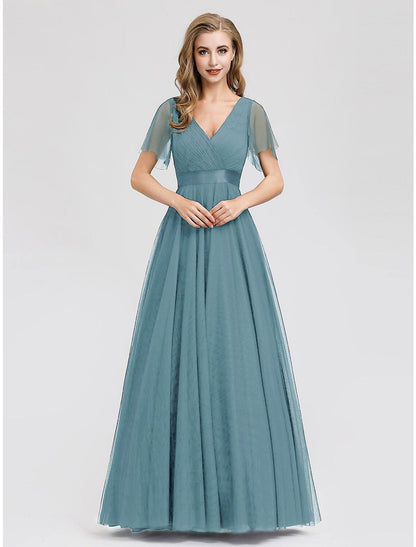 Weitese A-Line Evening Gown Empire Dress Wedding Guest Prom Floor Length Short Sleeve V Neck Bridesmaid Dress Chiffon V Back with Pleats Ruched