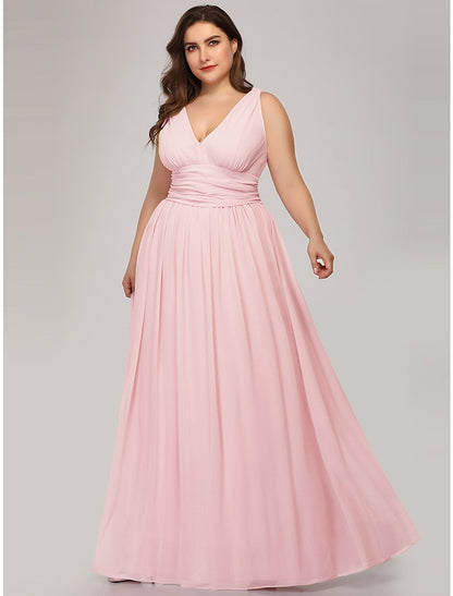 Weitese A-Line Evening Gown Plus Size Dress Wedding Guest Formal Evening Floor Length Sleeveless V Neck Bridesmaid Dress Chiffon V Back with Pleats