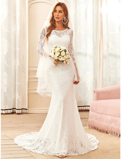 Weitese Reception Boho Wedding Dresses Mermaid / Trumpet Illusion Neck Long Sleeve Sweep / Brush Train Lace Bridal Gowns With Lace