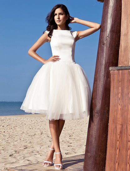 Weitese Beach Little White Dresses Wedding Dresses A-Line Scoop Neck Cap Sleeve Knee Length Satin Bridal Gowns With Draping