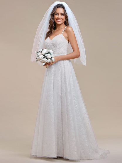 Weitese Spaghetti Strap Waist Pearl Sweetheart Collar Tulle Wedding Dress with Lace