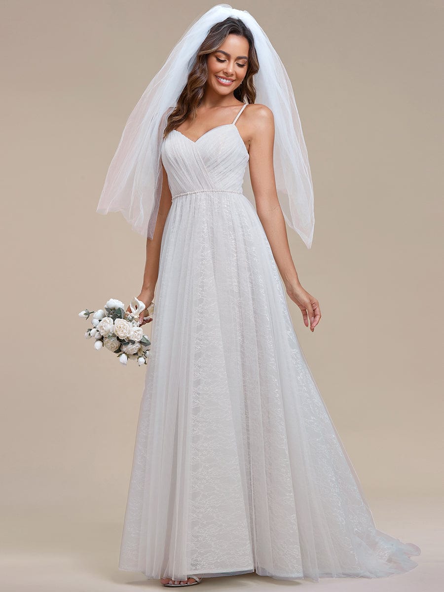 Weitese Spaghetti Strap Waist Pearl Sweetheart Collar Tulle Wedding Dress with Lace